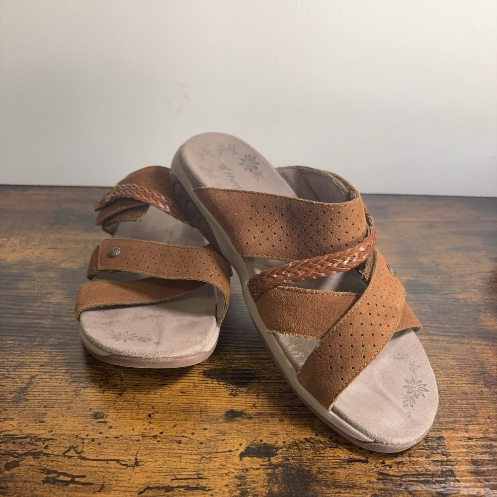 Therafit Rachel Sandals Womens 8.5-9 Cognac Suede Strappy Adjustable Hook Loop‎